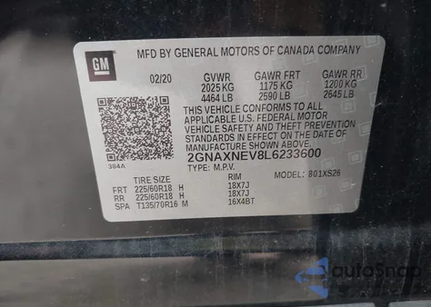 2020 Chevrolet Equinox Fwd Premier 1.5L Turbo из США, поврежденный, VIN 2GNAXNEV8L6233600